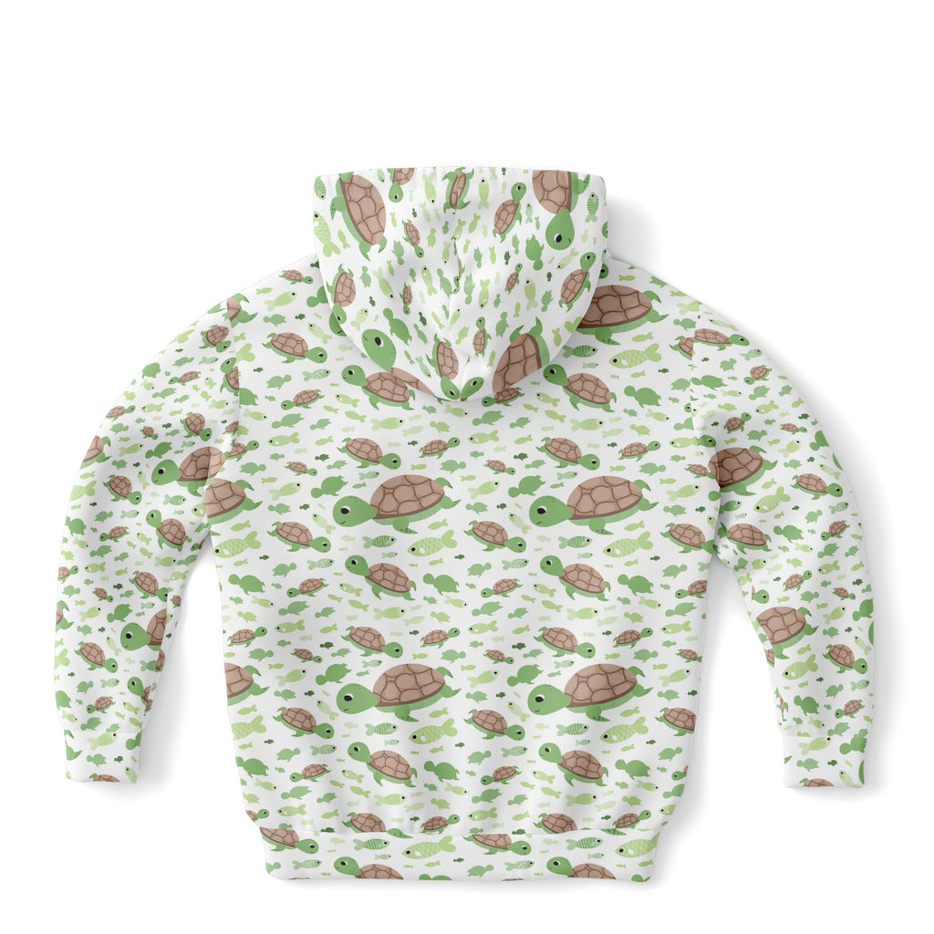 White kids hoodie with playful all-over green and brown cartoon turtles print in cozy cotton fleece fabric