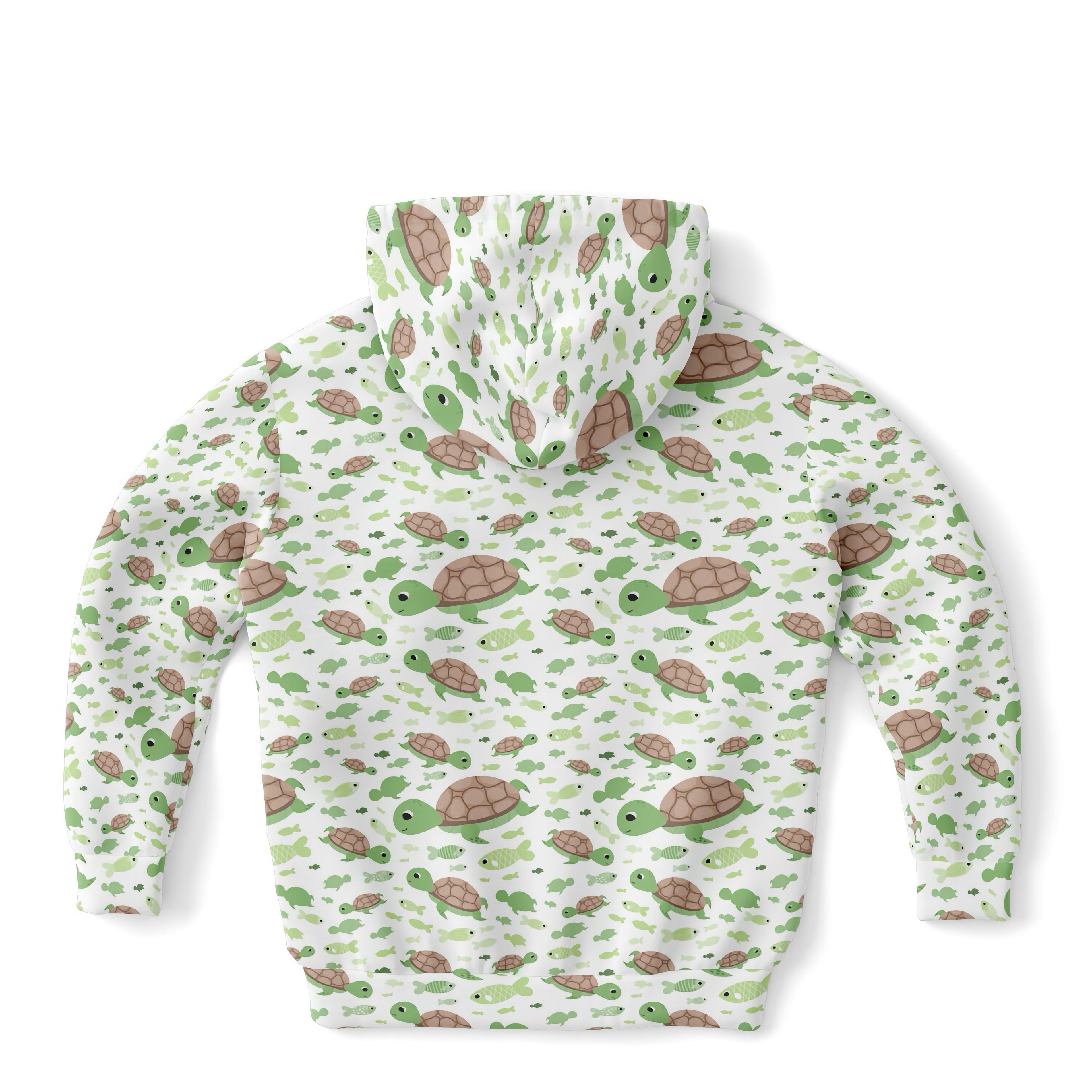 White kids hoodie with playful all-over green and brown cartoon turtles print in cozy cotton fleece fabric