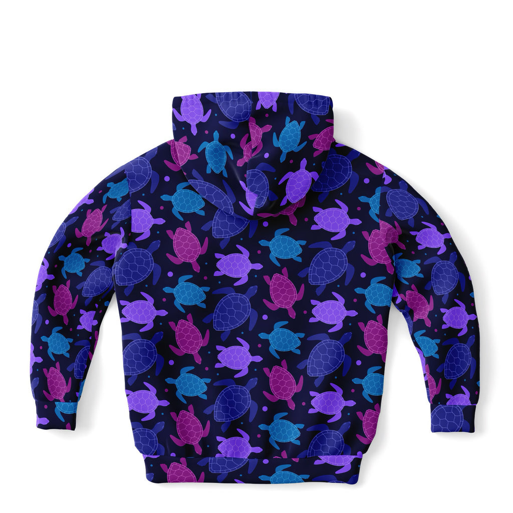 Girls purple sea turtle hoodie with vibrant all-over print in navy blue cotton fleece or lightweight sports fabric