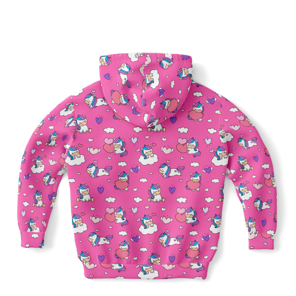 Girls purple unicorn hearts hoodie in cozy cotton fleece with a playful pattern of cartoon unicorns hearts and clouds