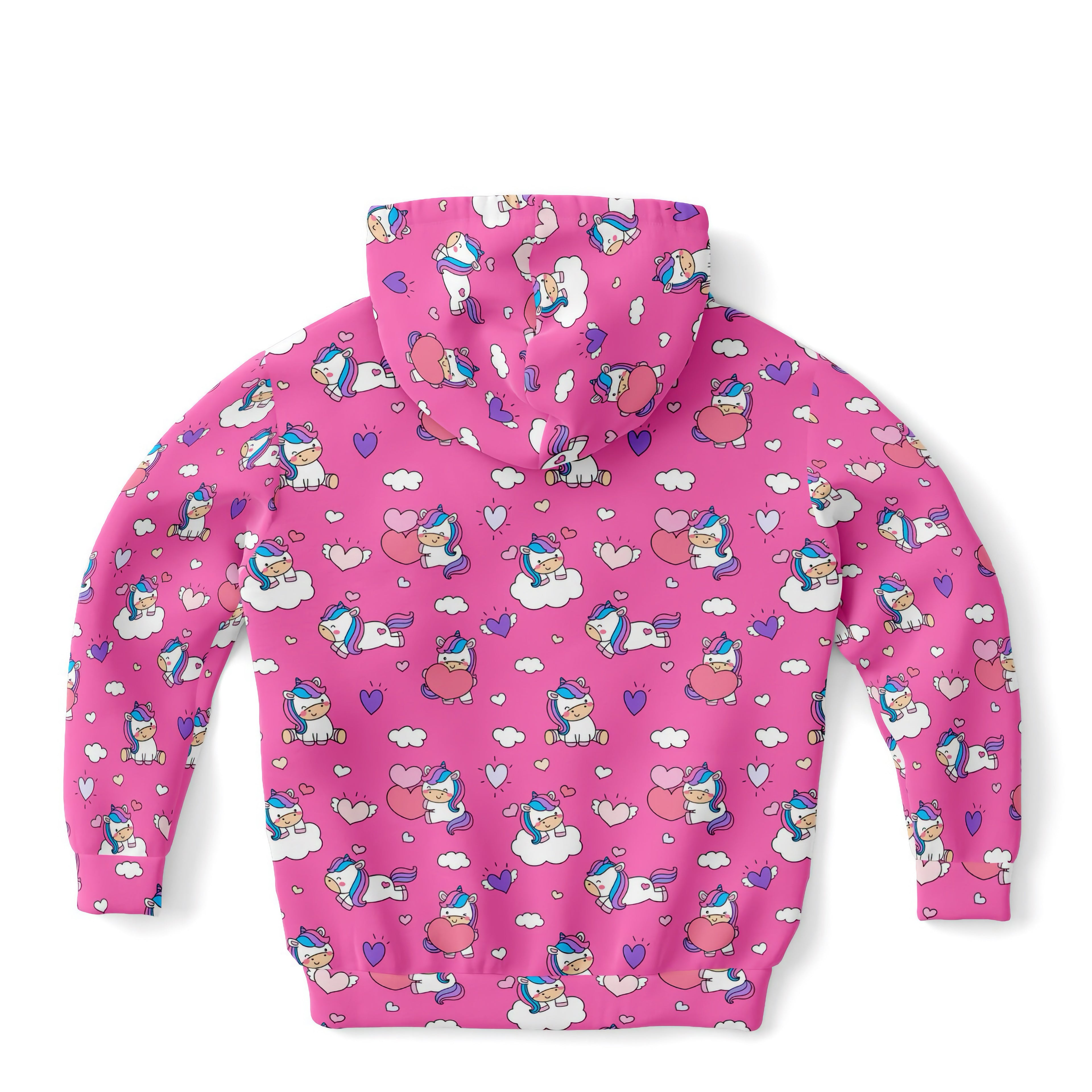Girls purple unicorn hearts hoodie in cozy cotton fleece with a playful pattern of cartoon unicorns hearts and clouds