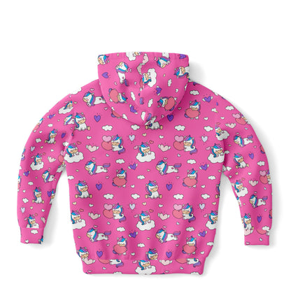 Girls Purple Unicorn Hearts Hoodie – Cozy Cotton Fleece or Lightweight Sports Fabric
