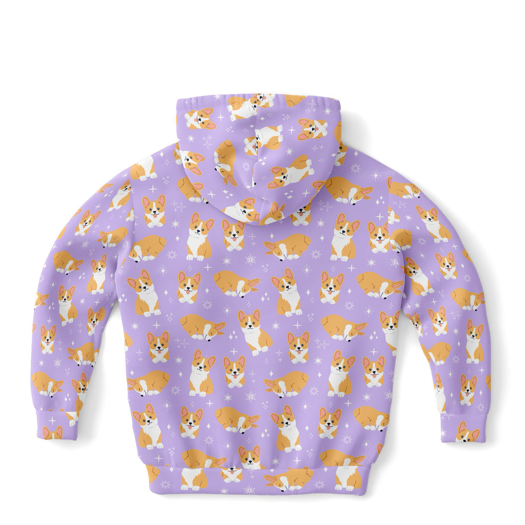 Girls Purple Corgi Dog Hoodie – Cozy Cotton Fleece or Lightweight Sports Fabric