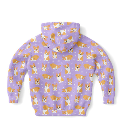 Girls Purple Corgi Dog Hoodie – Cozy Cotton Fleece or Lightweight Sports Fabric