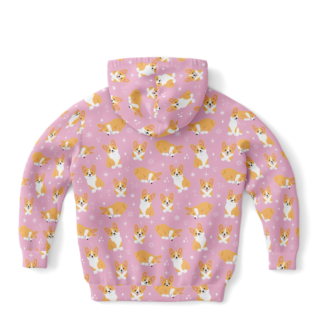Girls pink corgi dog hoodie in cozy cotton fleece with playful cartoon corgi print on soft pink fabric