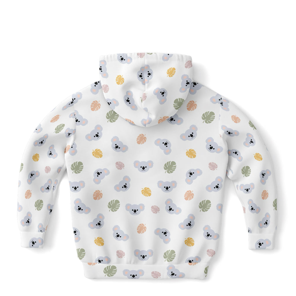 White kids koala bear hoodie with playful gray koala and pastel tropical leaves pattern in cozy cotton fleece