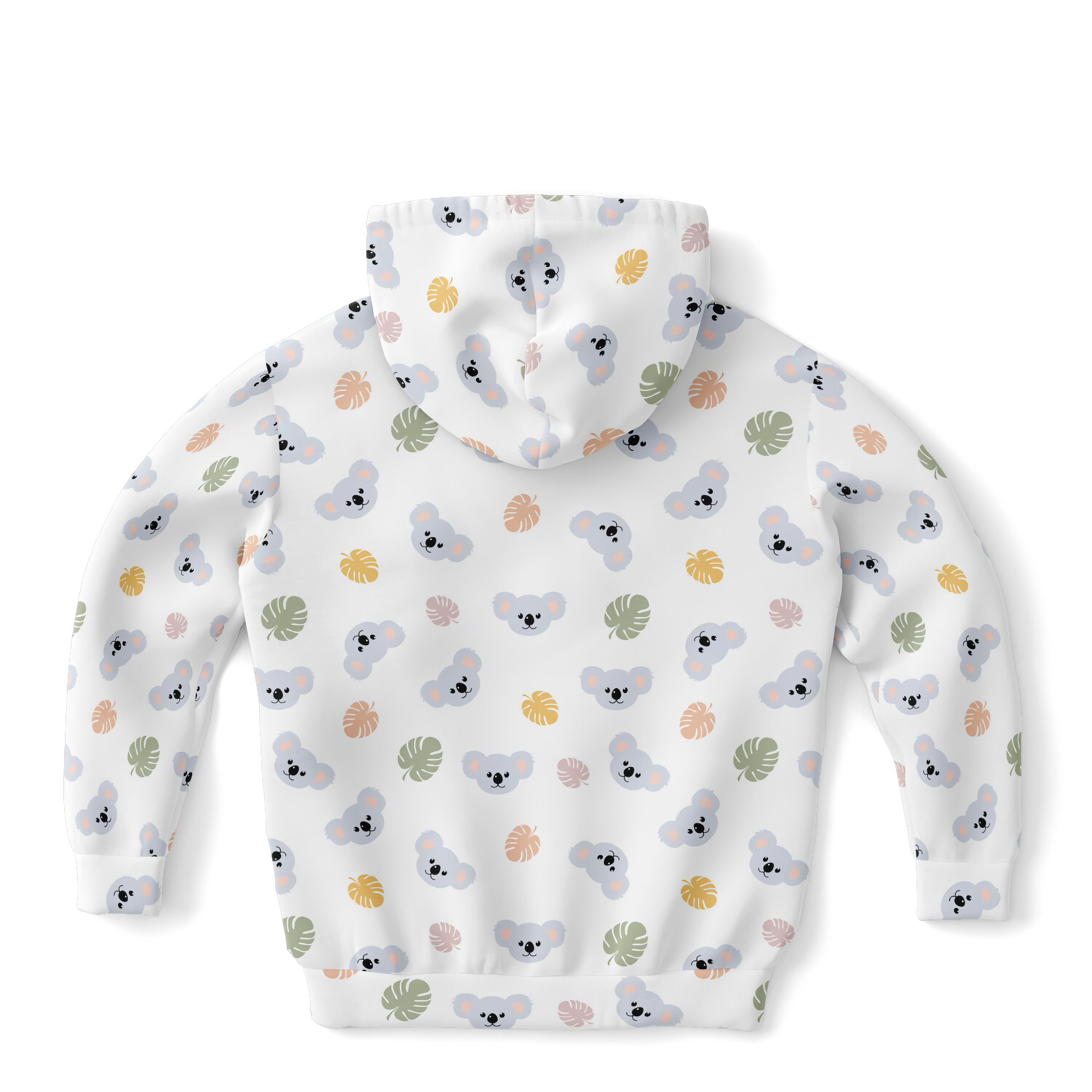 White kids koala bear hoodie with playful gray koala and pastel tropical leaves pattern in cozy cotton fleece