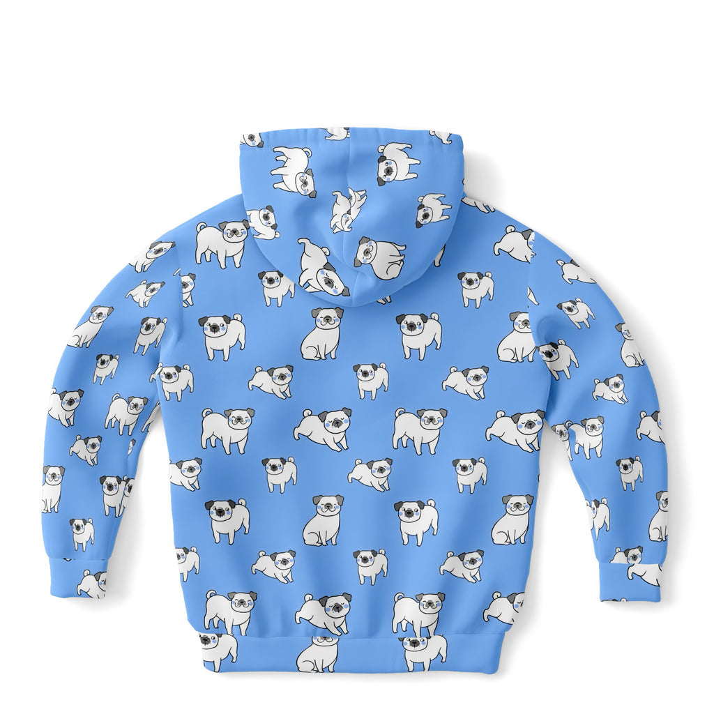 Kids Blue Pug Hoodie – Cozy Cotton Fleece or Lightweight Sports Fabric