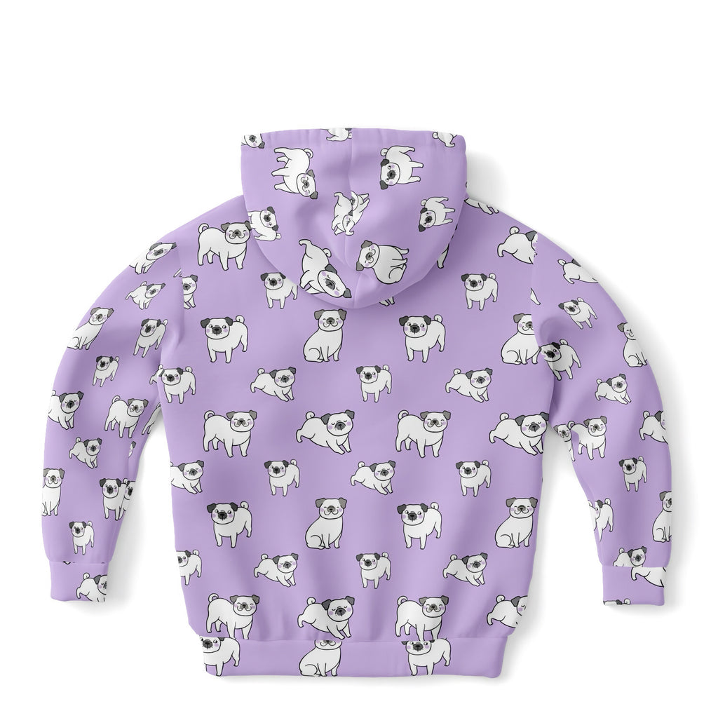 Girls purple pug hoodie in cozy cotton fleece with playful white cartoon pugs all over in various poses