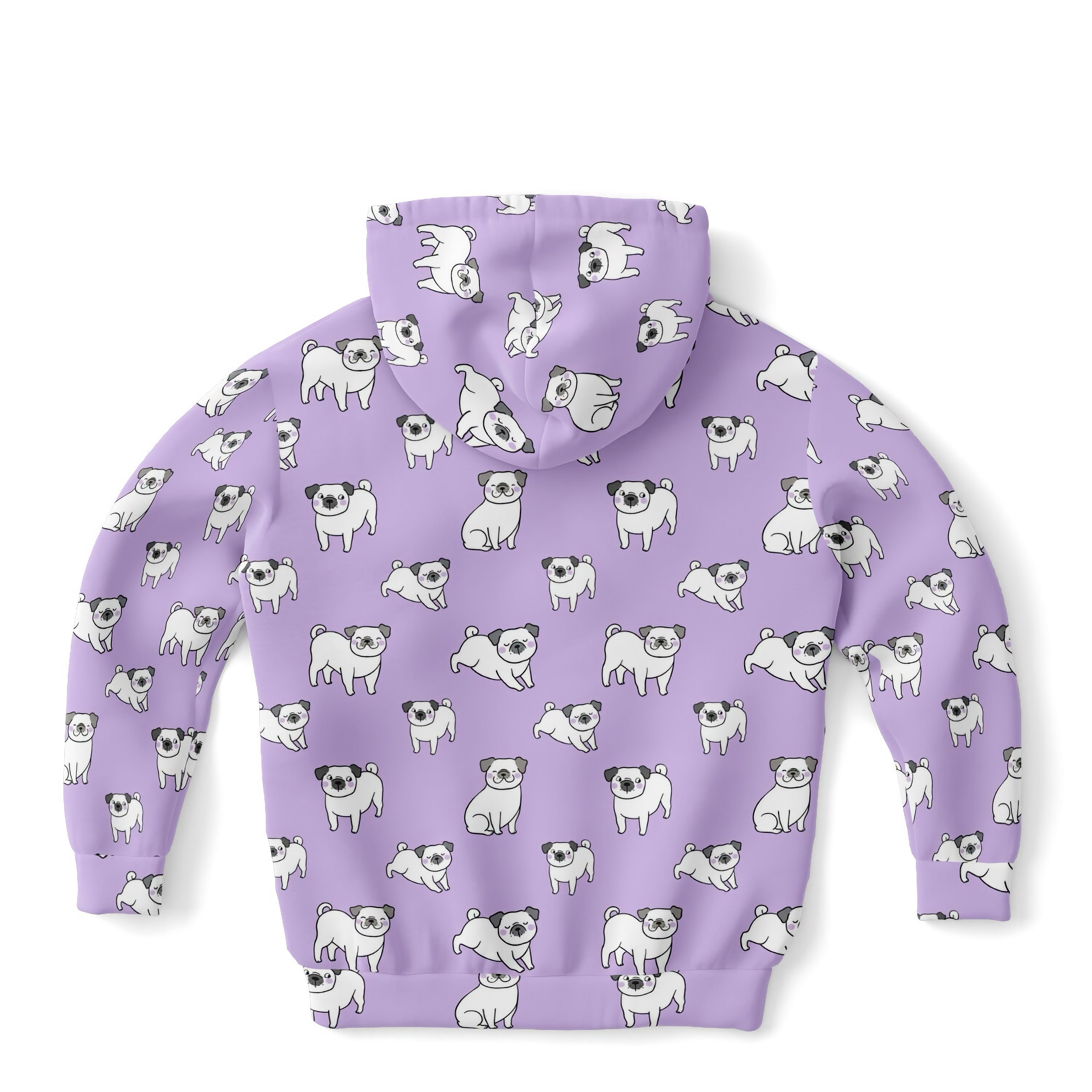 Girls purple pug hoodie in cozy cotton fleece with playful white cartoon pugs all over in various poses