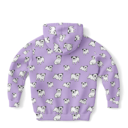Girls Purple Pug Hoodie – Cozy Cotton Fleece or Lightweight Sports Fabric
