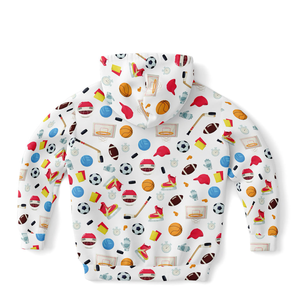 White kids sports themed hoodie with colorful cartoon basketballs soccer balls and hockey sticks in cozy cotton fleece
