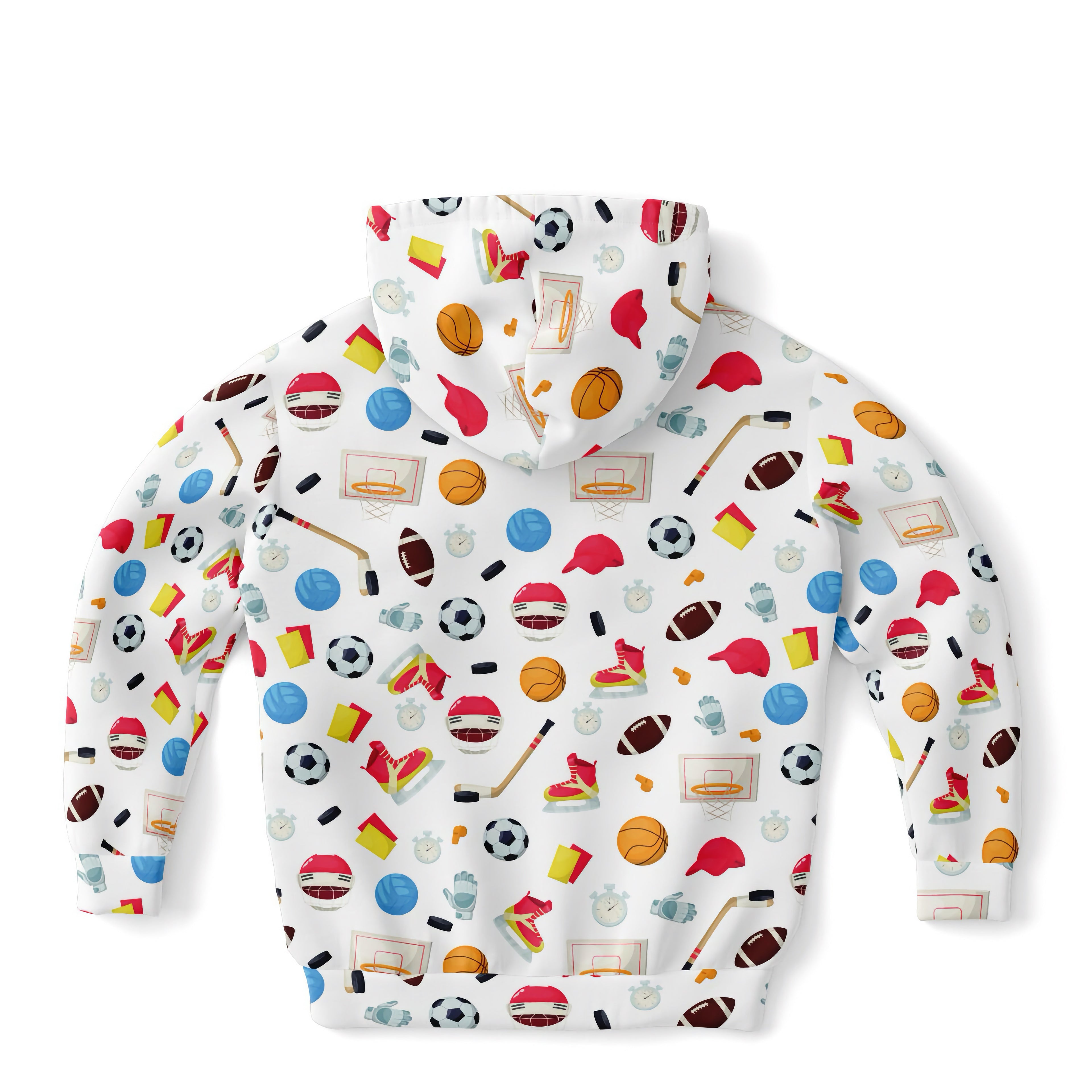 White kids sports themed hoodie with colorful cartoon basketballs soccer balls and hockey sticks in cozy cotton fleece