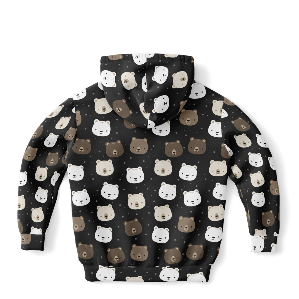 Black kids bear face hoodie with white beige and brown cartoon bear pattern made of cozy cotton fleece