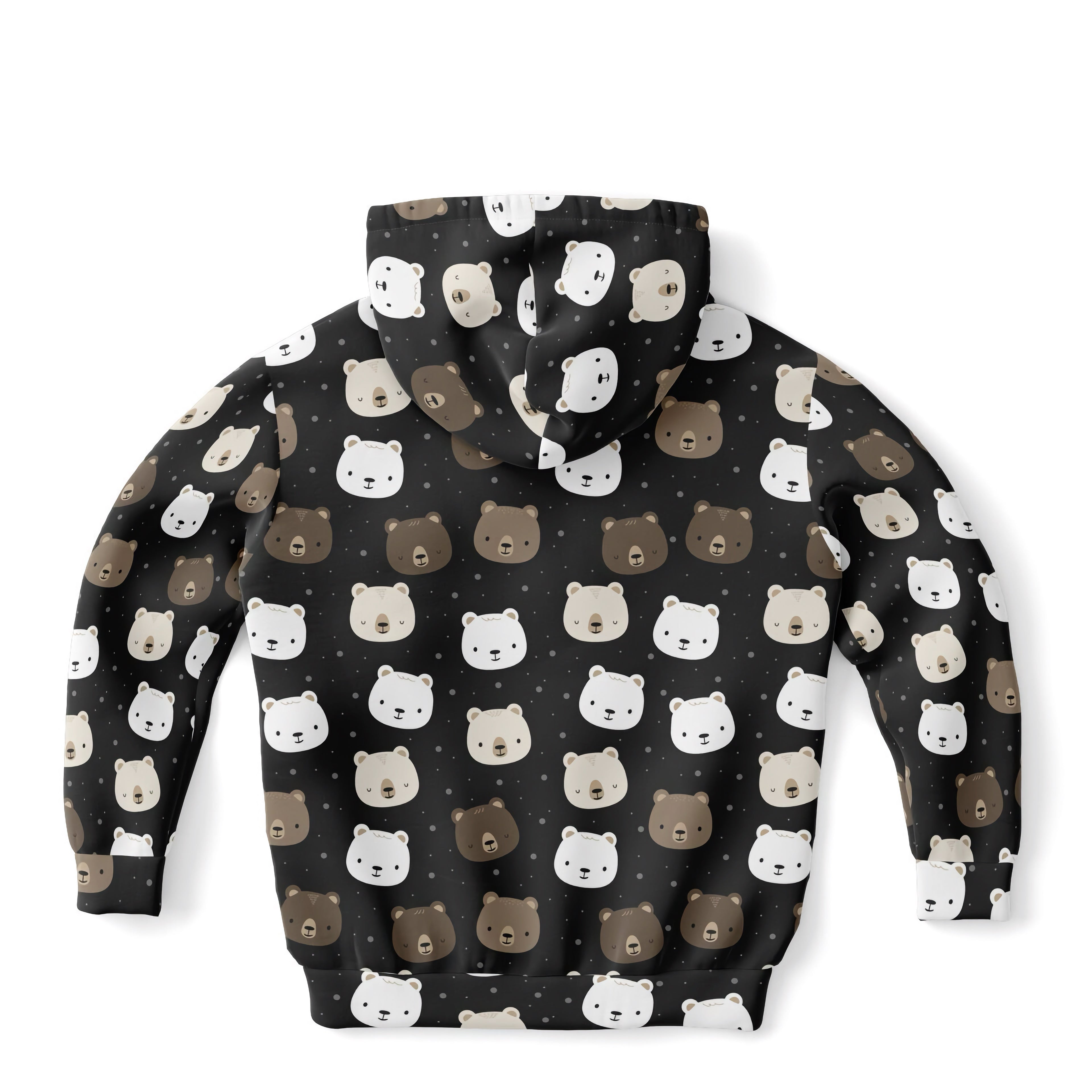 Black kids bear face hoodie with white beige and brown cartoon bear pattern made of cozy cotton fleece