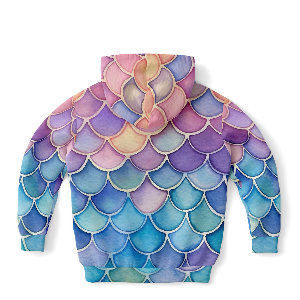Girls watercolor mermaid hoodie with vibrant purple pink and blue scales made of cozy cotton fleece or lightweight sports fabric