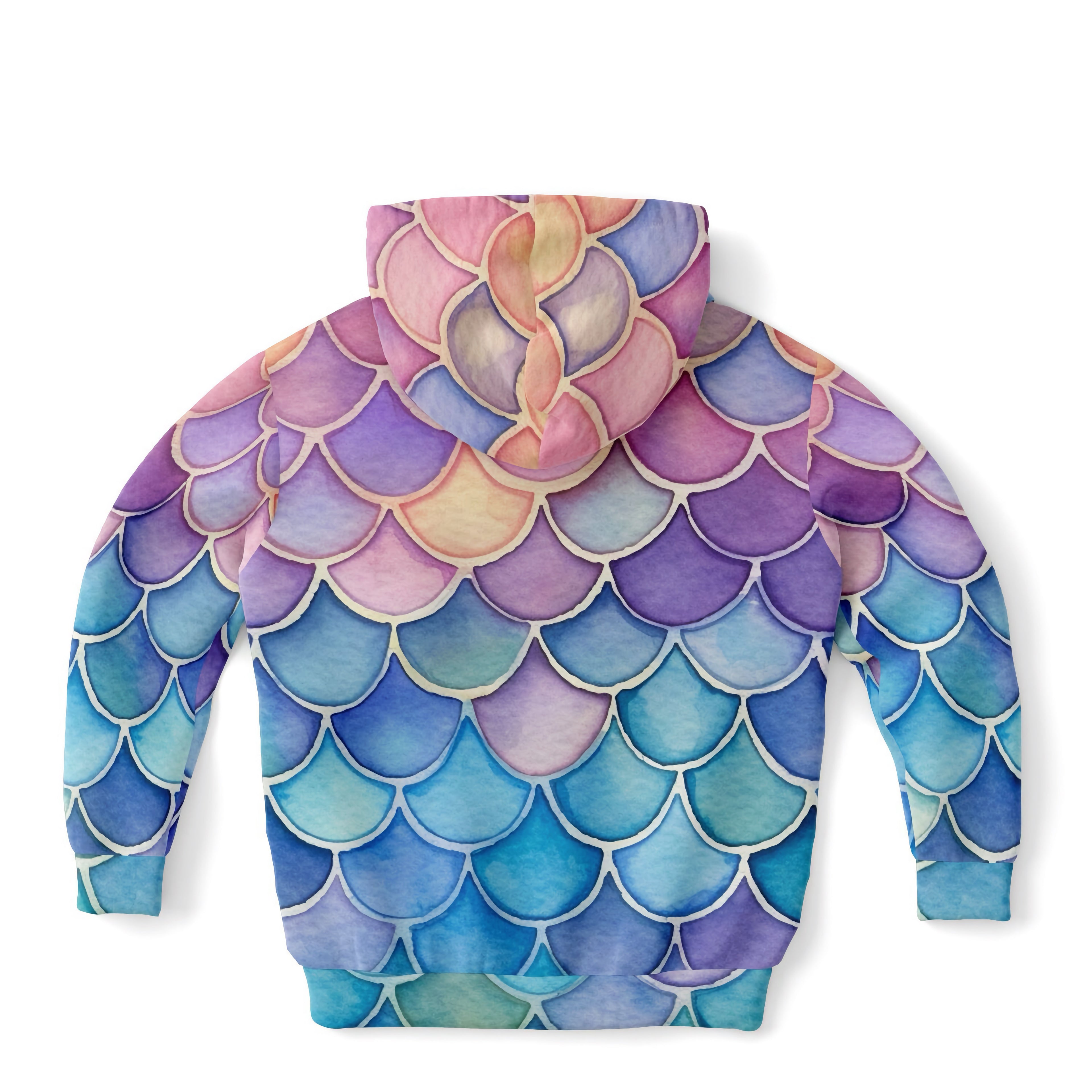 Girls watercolor mermaid hoodie with vibrant purple pink and blue scales made of cozy cotton fleece or lightweight sports fabric