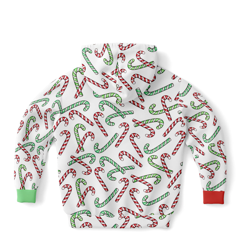 Kids Red & Green Candy Cane Christmas Hoodie – Cozy Cotton Fleece or Lightweight Sports Fabric
