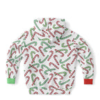 Kids Red & Green Candy Cane Christmas Hoodie – Cozy Cotton Fleece or Lightweight Sports Fabric