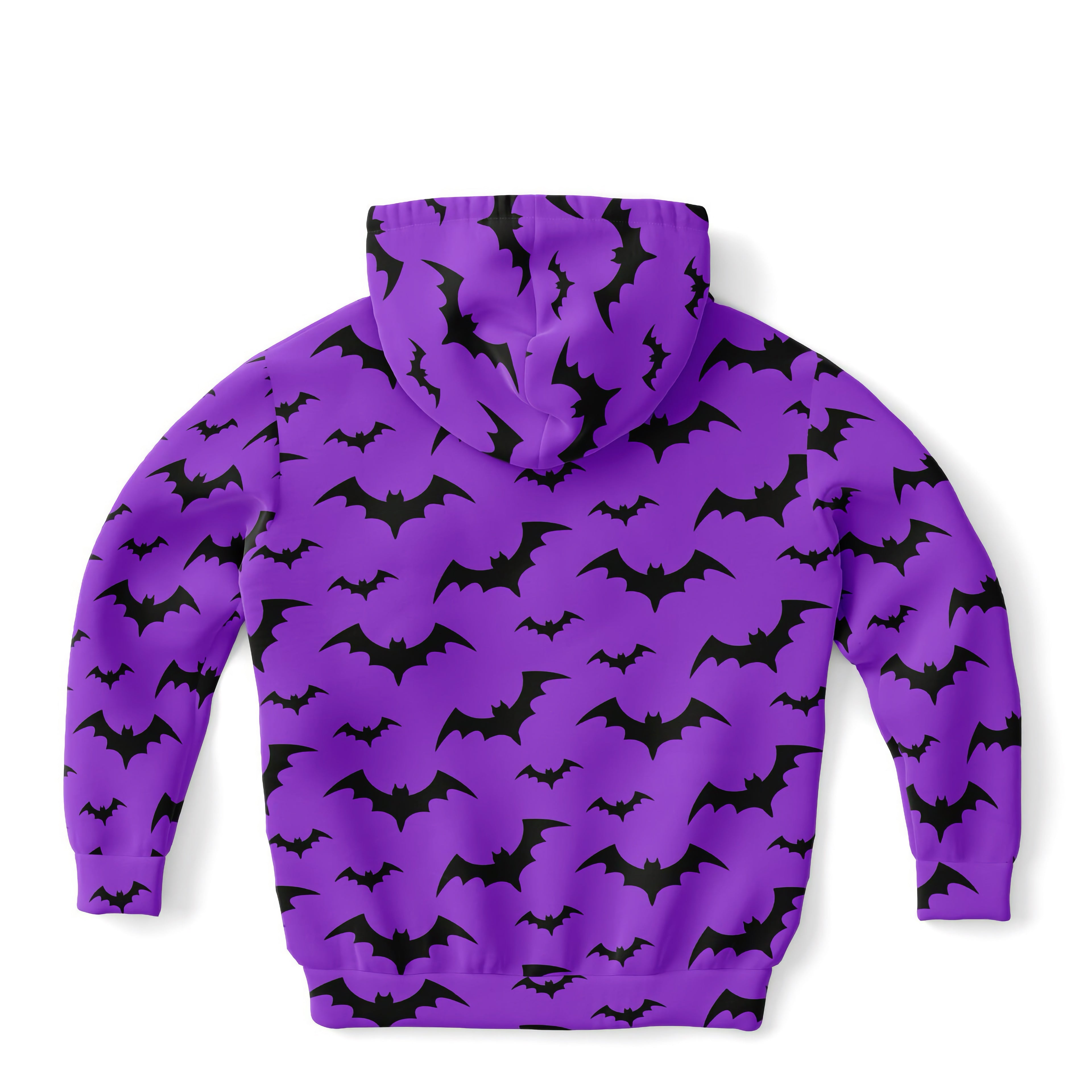 Kids purple bats halloween hoodie with black bat pattern made of cozy cotton fleece or lightweight sports fabric