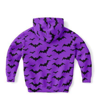 Kids Purple Bats Halloween Hoodie – Cozy Cotton Fleece or Lightweight Sports Fabric