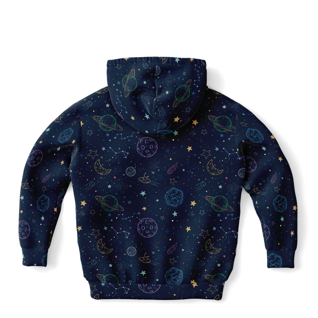 Dark blue kids zip-up hoodie with pastel space-themed print made from cozy cotton fleece or lightweight sports fabric