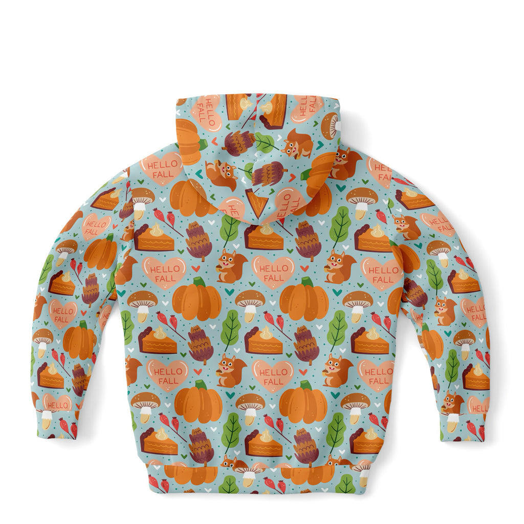 Kids hello fall autumn themed light blue hoodie with pumpkins squirrels and pie in cozy cotton fleece fabric