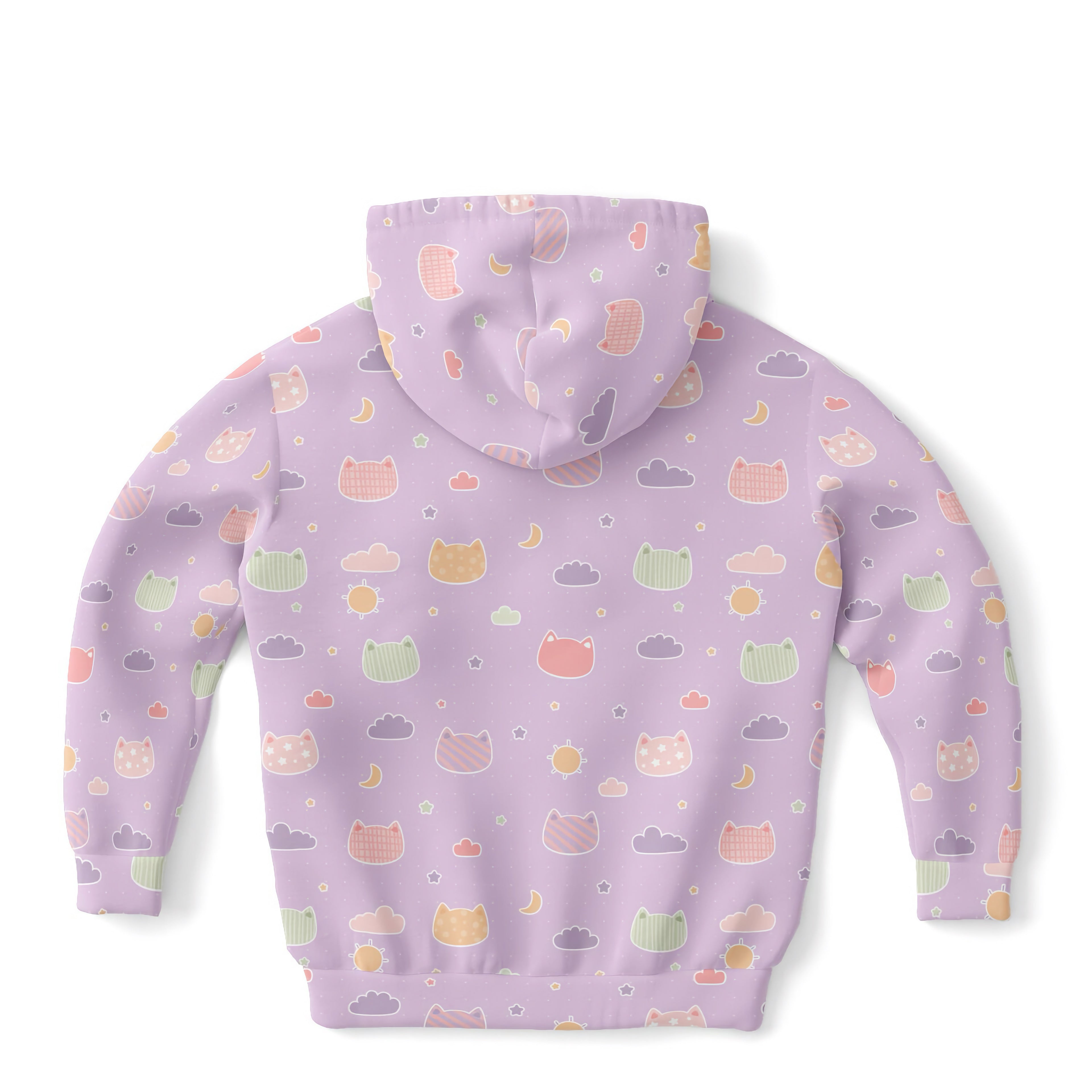 Girls Pastel Purple Kawaii Cats & Clouds Hoodie – Cozy Cotton Fleece or Lightweight Sports Fabric