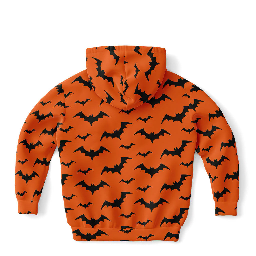 Kids orange hoodie with black bat pattern made of cozy cotton fleece or lightweight sports fabric for halloween use