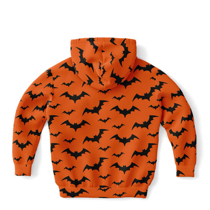 Kids Orange Bats Halloween Hoodie – Cozy Cotton Fleece or Lightweight Sports Fabric