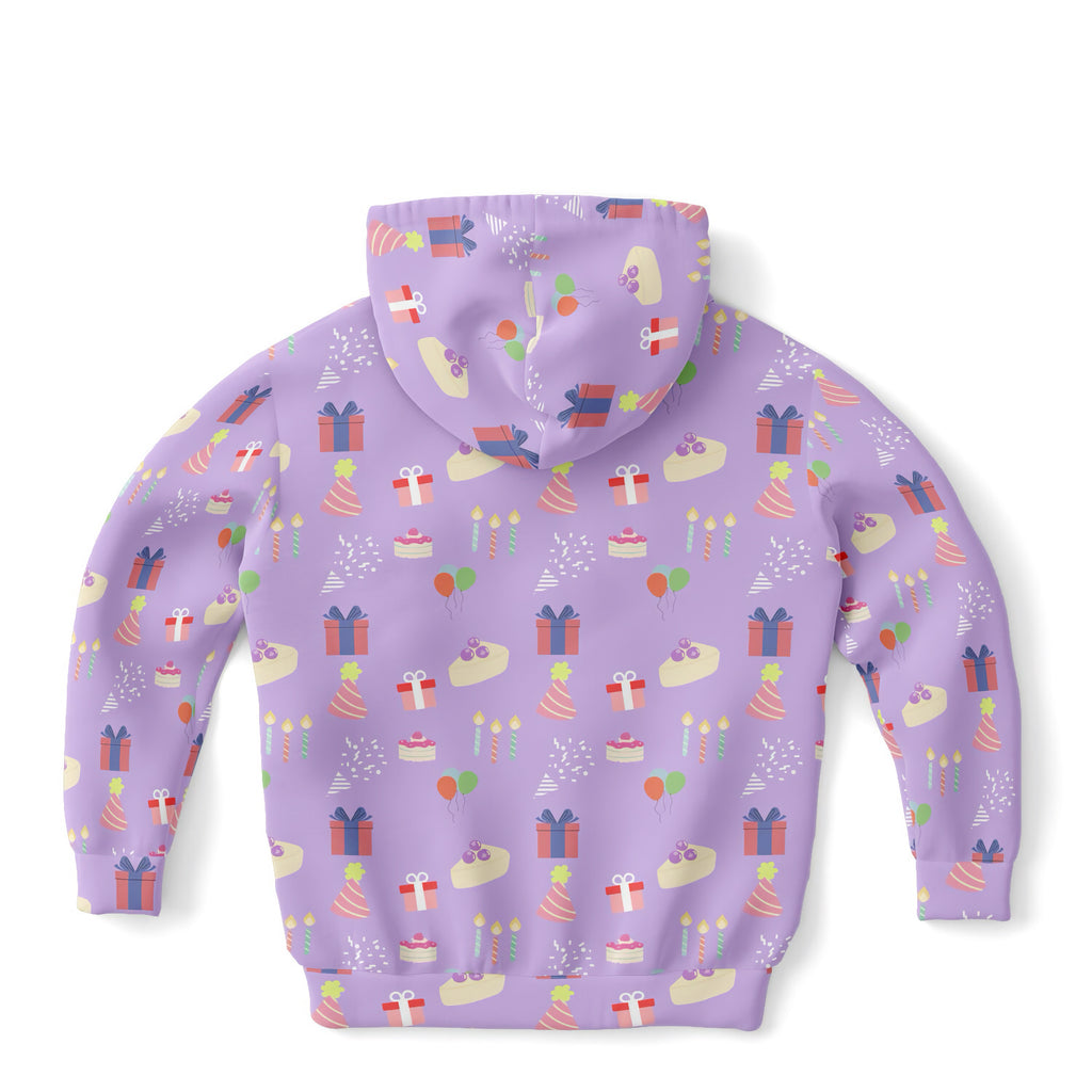 Girls Purple Birthday Pattern Hoodie – Cozy Cotton Fleece or Lightweight Sports Fabric