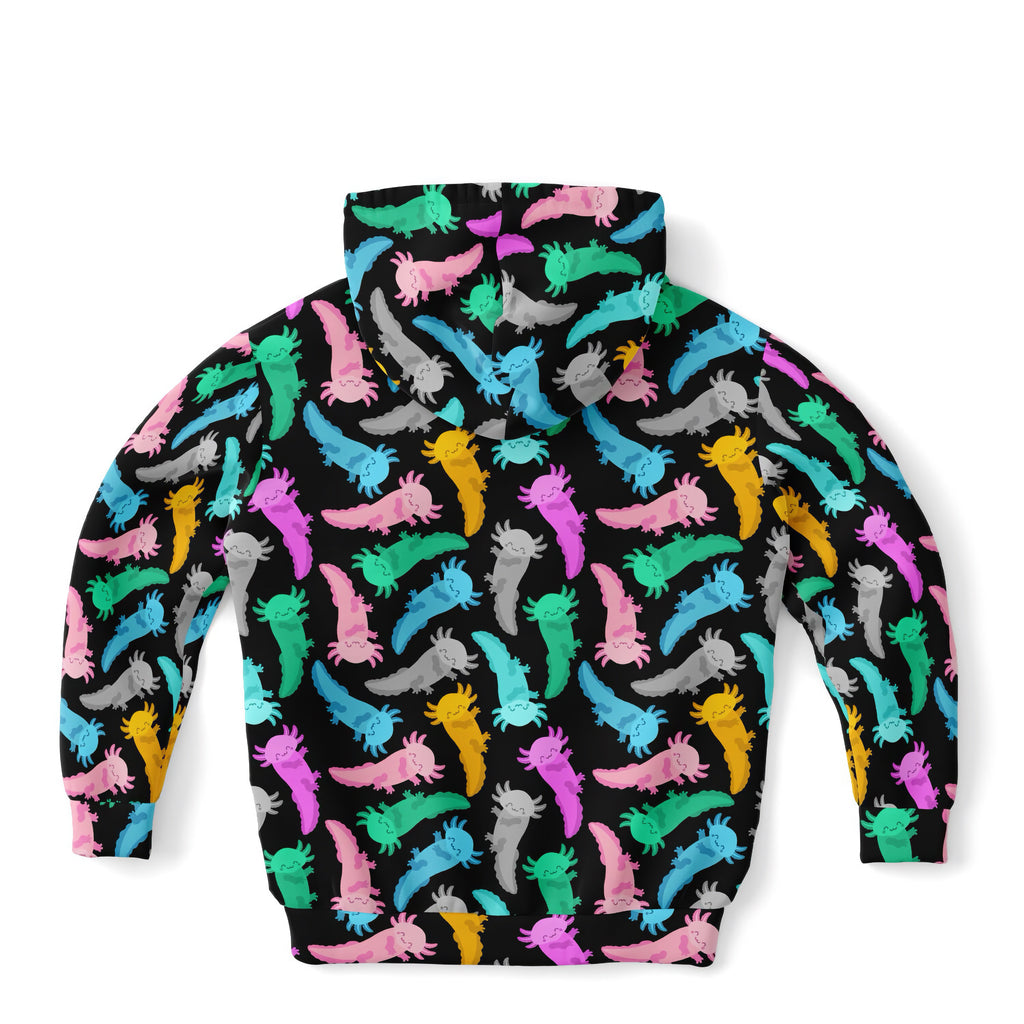 A black kids zip-up hoodie with vibrant pastel axolotl print made of cozy cotton fleece or lightweight sports fabric