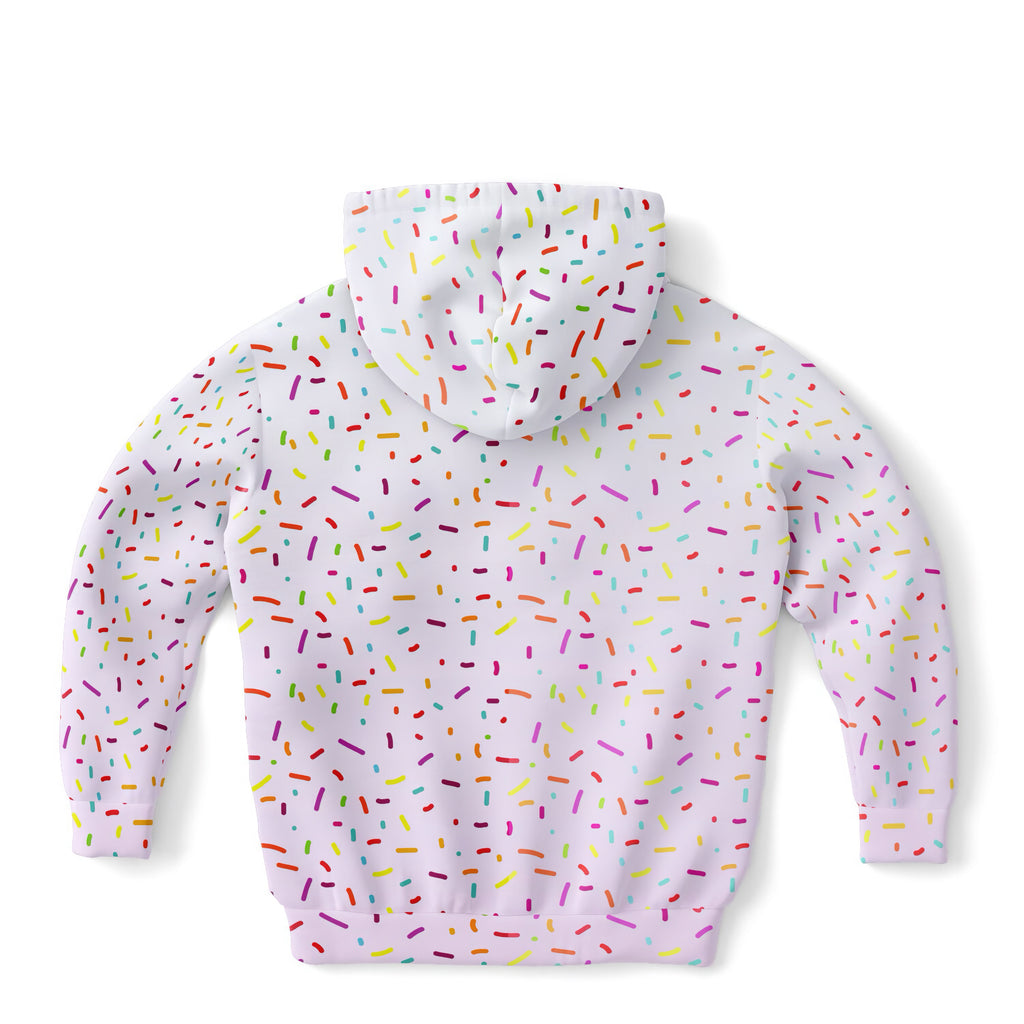 White hoodie with colorful sprinkles pattern made of cozy cotton fleece or lightweight sports fabric for birthday girls