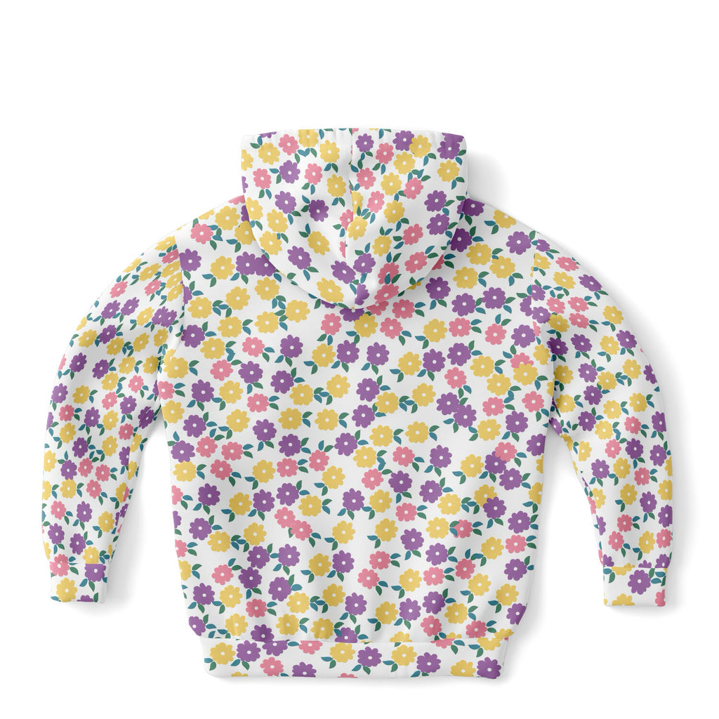 White girls hoodie with colorful floral pattern in cozy cotton fleece or lightweight sports fabric