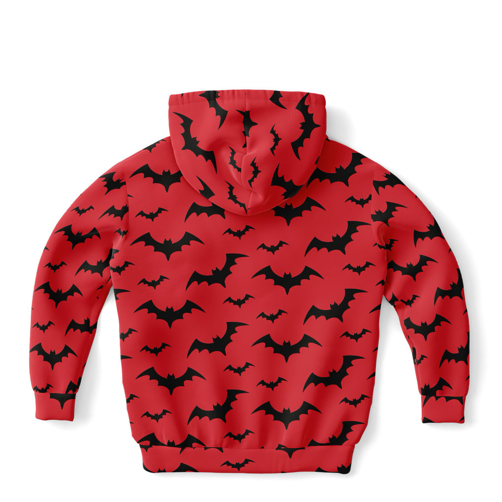 Kids Red Bats Halloween Hoodie – Cozy Cotton Fleece or Lightweight Sports Fabric