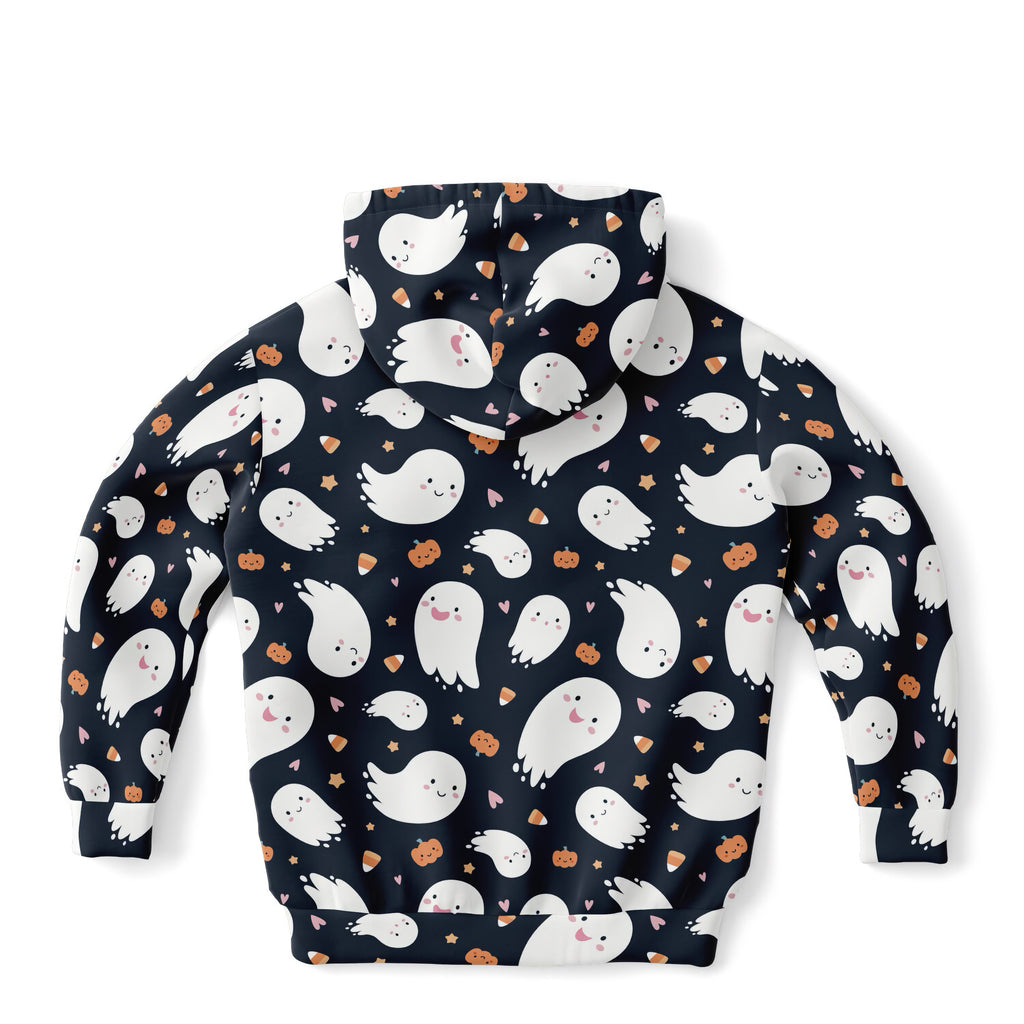 Kids ghost halloween hoodie in black cotton fleece with playful white ghosts orange pumpkins and candy corn pattern