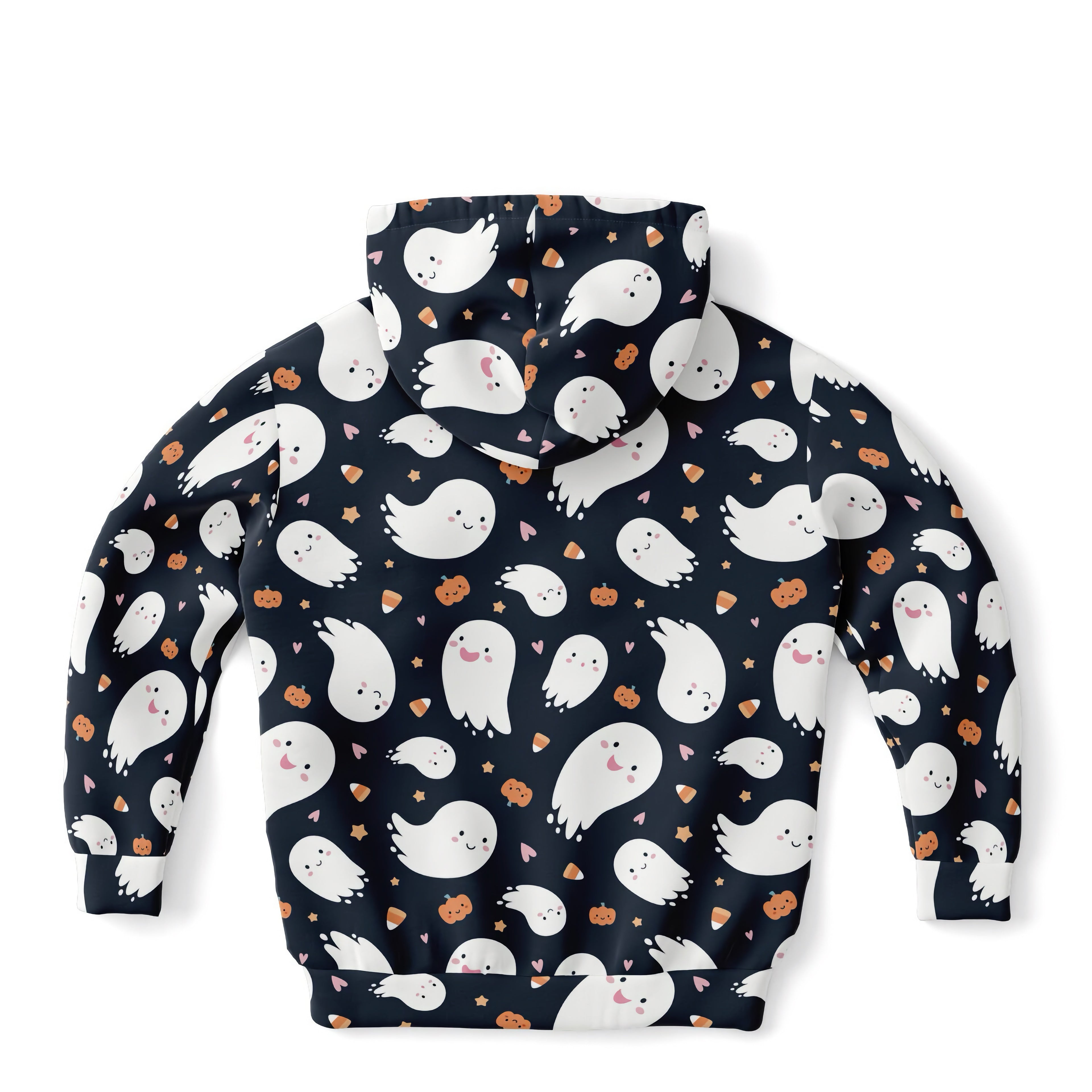Kids ghost halloween hoodie in black cotton fleece with playful white ghosts orange pumpkins and candy corn pattern