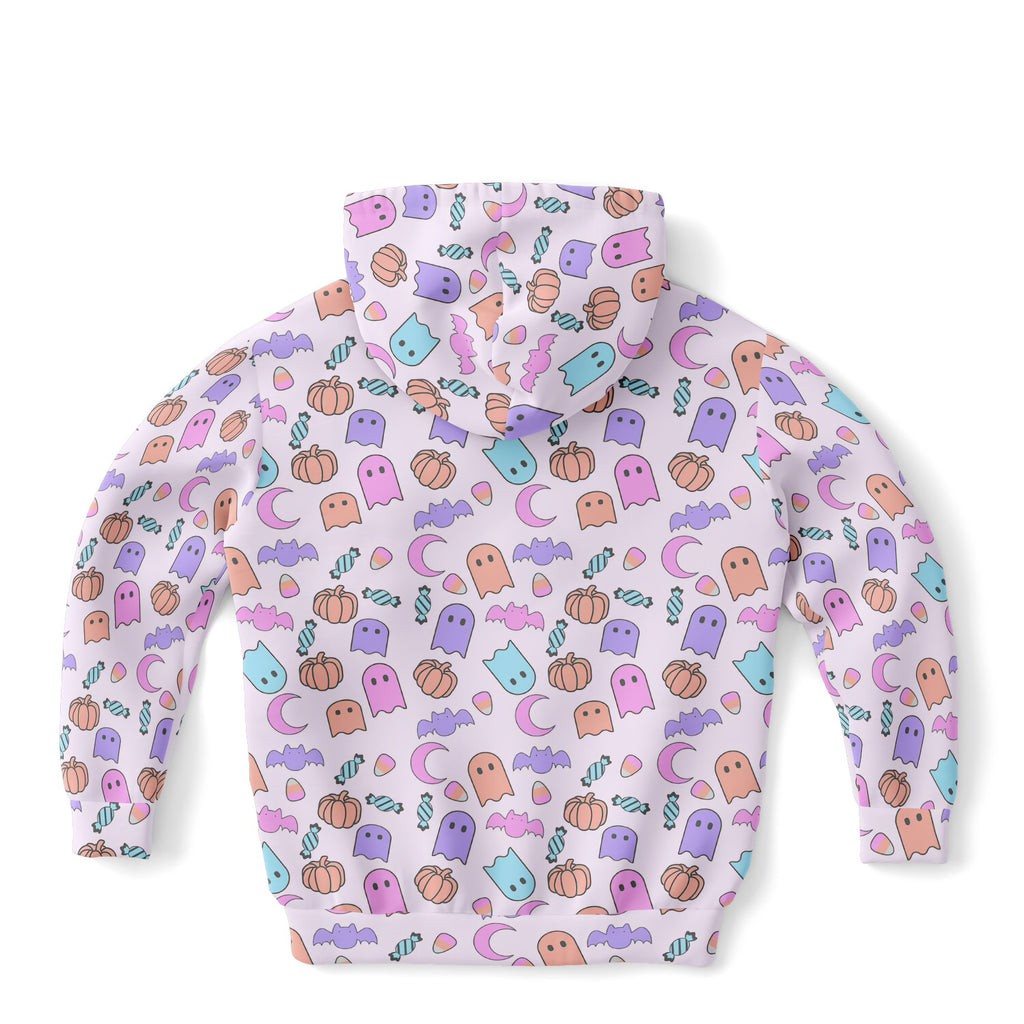 Girls pastel ghost halloween hoodie with playful ghost pumpkin bat candy pattern in cozy cotton fleece fabric