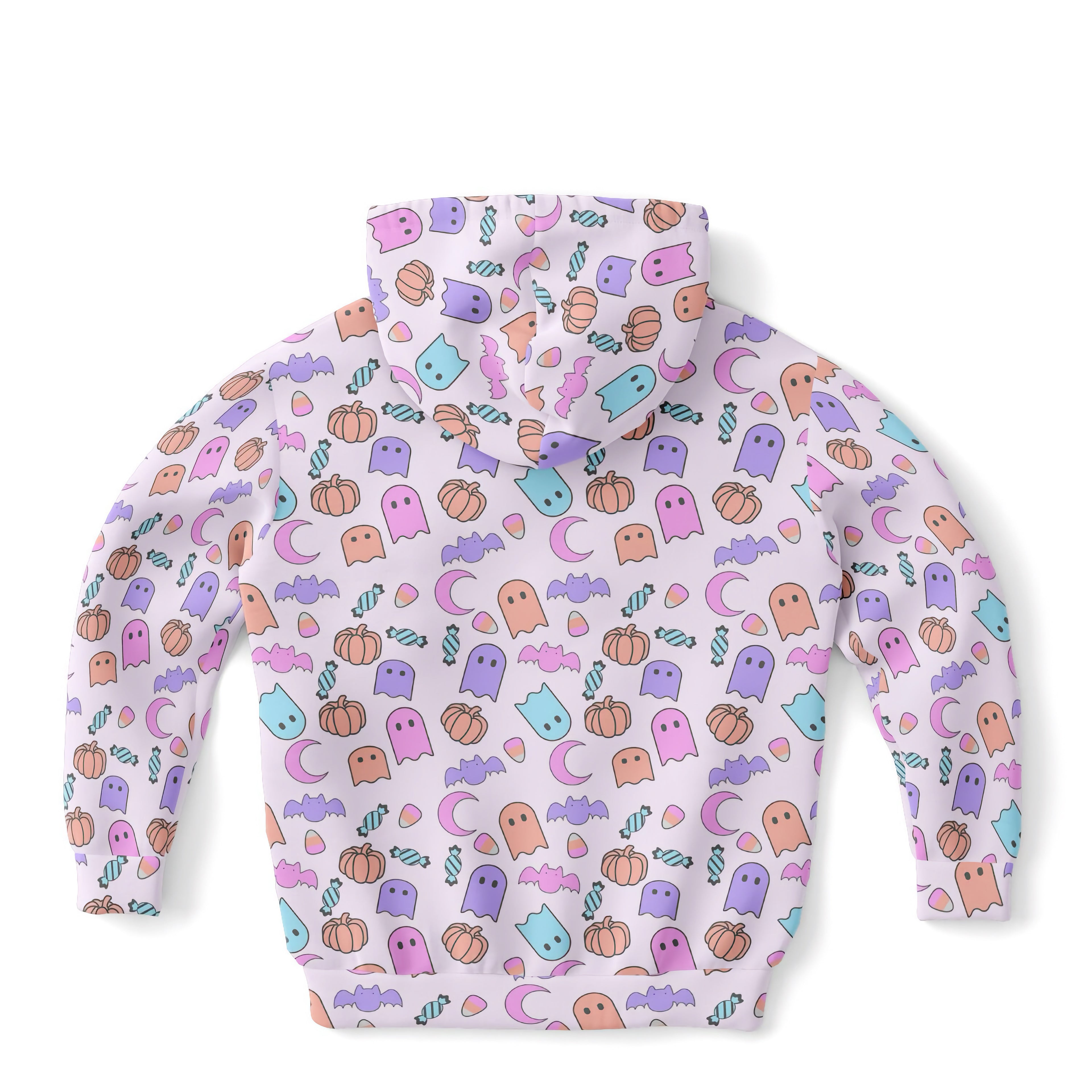 Girls pastel ghost halloween hoodie with playful ghost pumpkin bat candy pattern in cozy cotton fleece fabric
