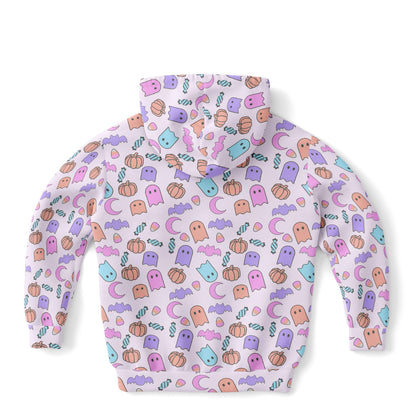Girls Pastel Ghost Halloween Hoodie – Cozy Cotton Fleece or Lightweight Sports Fabric