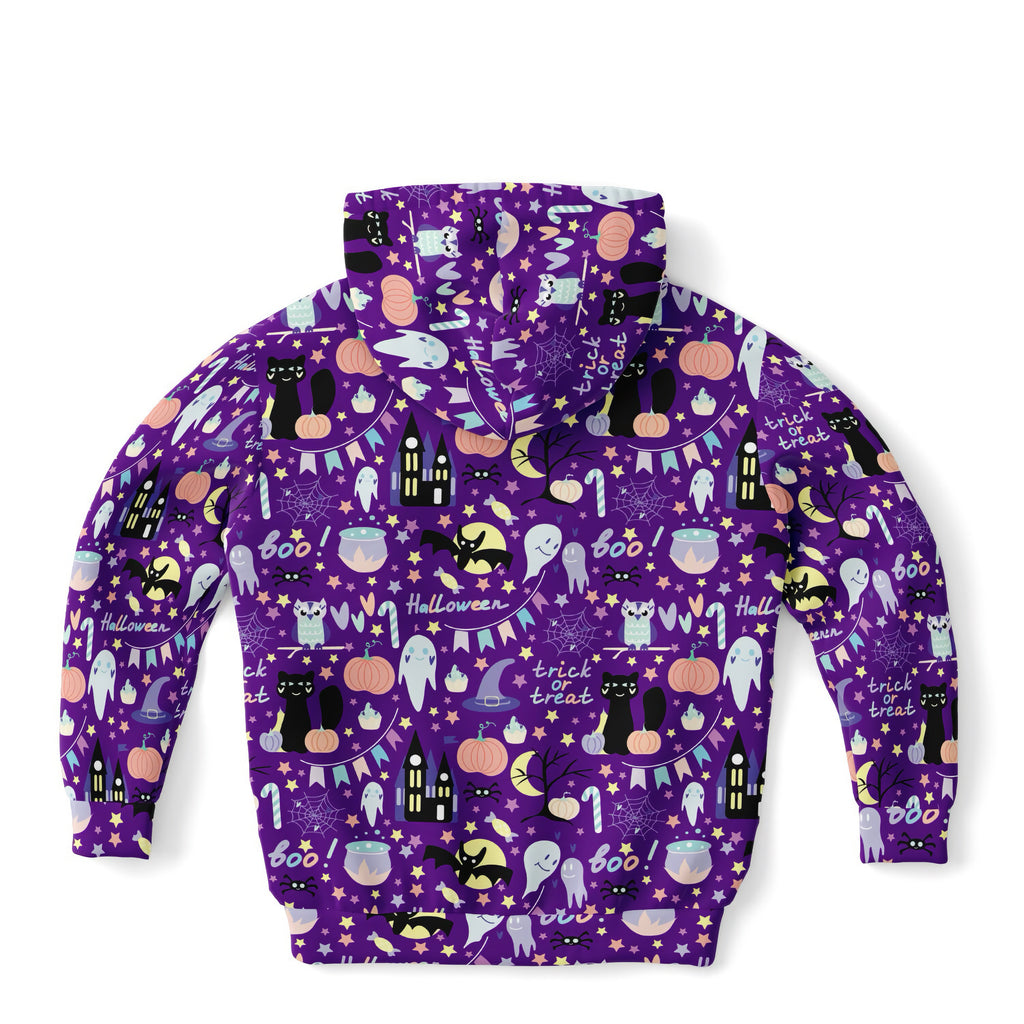 Kids spooky halloween hoodie purple zip-up with black cats pumpkins ghosts haunted houses in cozy cotton fleece