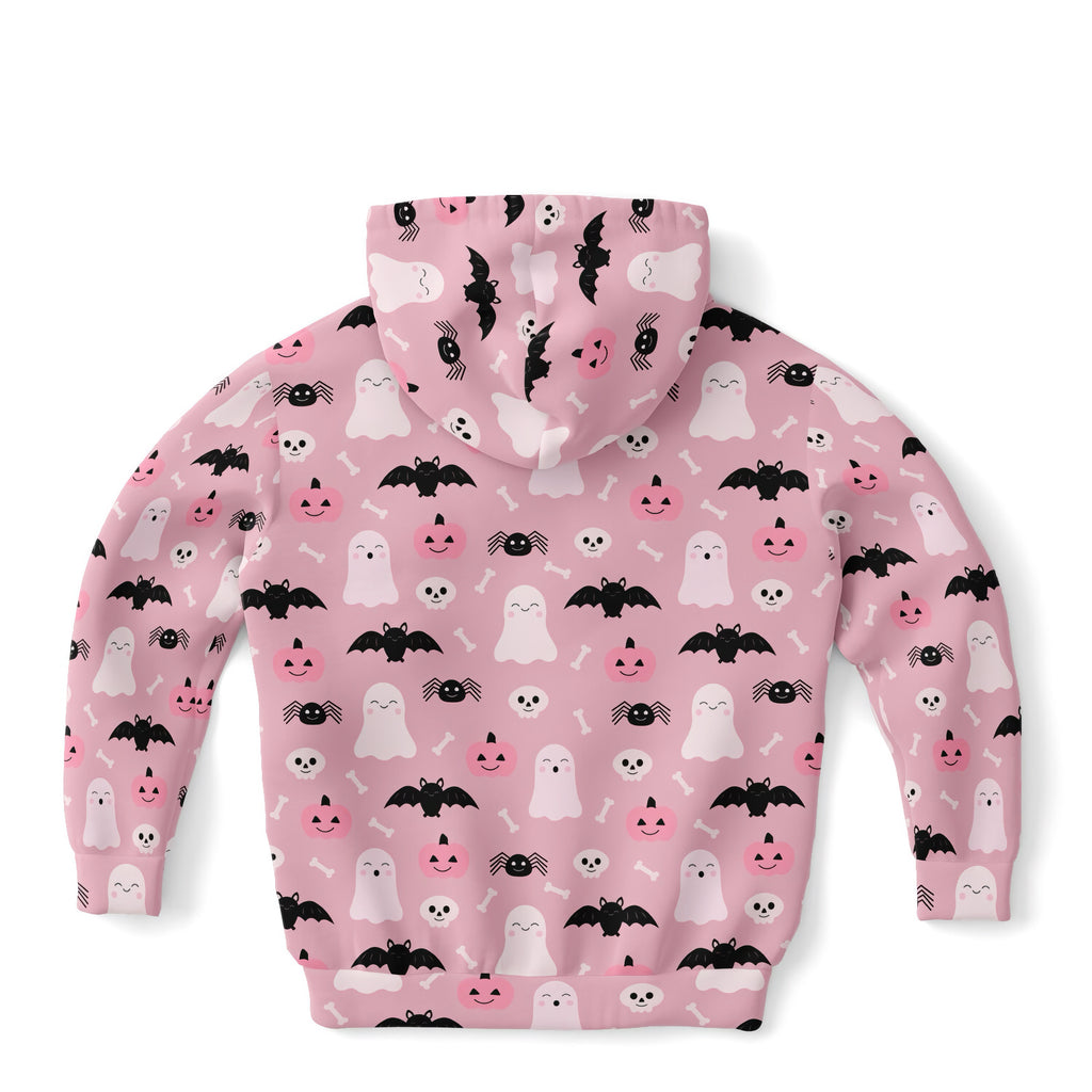 Girls pink halloween hoodie with playful white and black ghost bat spider pumpkin and bone pattern in cozy cotton fleece