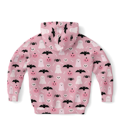 Girls Cute Ghost And Bats Pink Halloween Hoodie – Cozy Cotton Fleece or Lightweight Sports Fabric