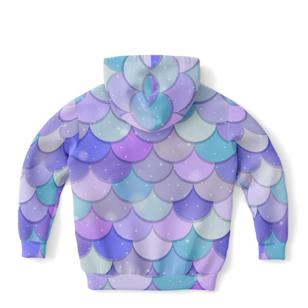 Girls purple mermaid hoodie with vibrant purple and teal scale pattern made from cozy cotton fleece or lightweight fabric