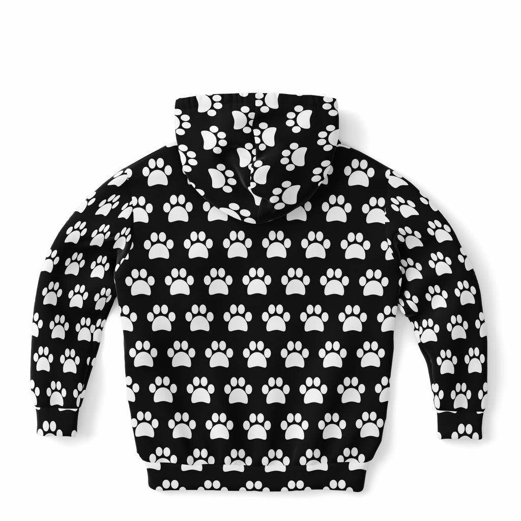 Kids Black Paw Print Hoodie – Ultra Comfy & Stretchy, Cozy Fleece or Lightweight Sports Fabric, Double-Layer Hood & Kangaroo Pocket