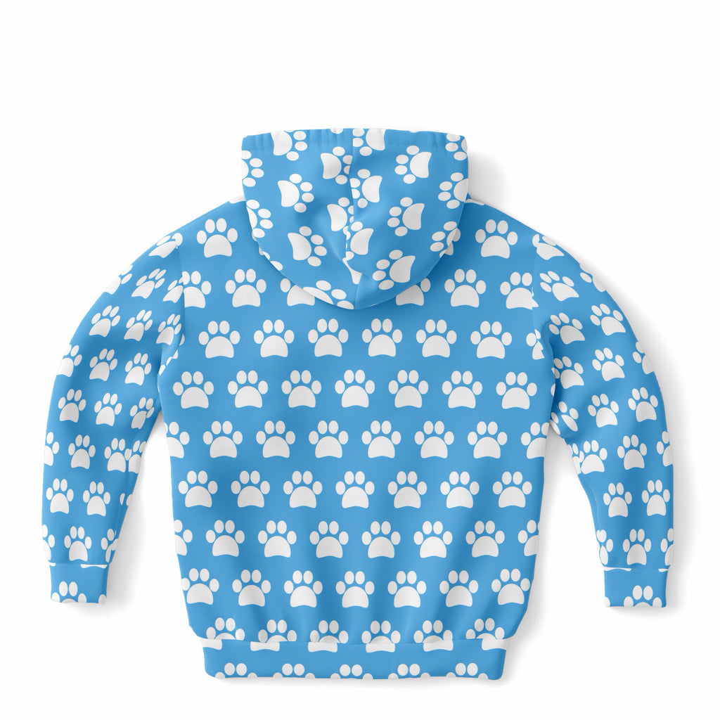 Kids Sky Blue Paw Print Hoodie – Ultra Comfy & Stretchy, Cozy Fleece or Lightweight Sports Fabric, Double-Layer Hood & Kangaroo Pocket