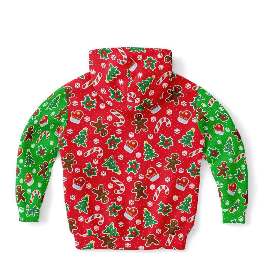 Kids Red & Green Christmas Icons Hoodie – Ultra Comfy & Stretchy, Cozy Fleece or Lightweight Sports Fabric, Double-Layer Hood & Kangaroo Pocket