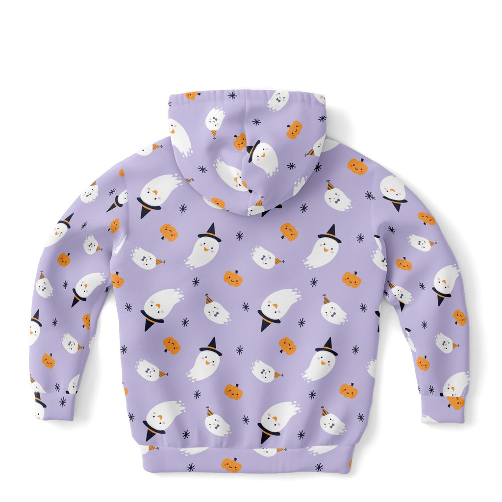 Lavender girls witch ghost halloween hoodie with playful white ghosts black hats and orange pumpkins in cozy cotton fleece