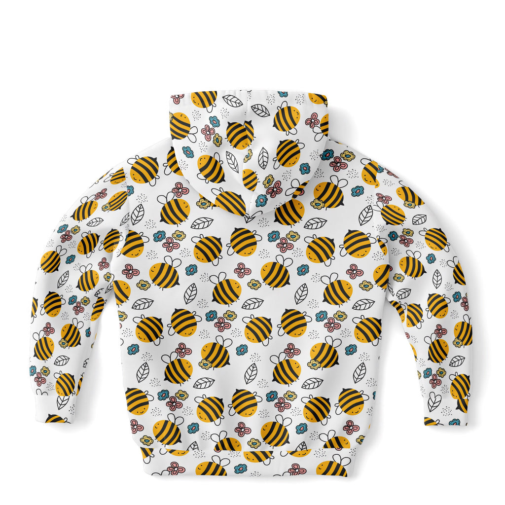 Kids yellow bee hoodie in white cotton fleece with playful yellow and black bee pattern colorful flowers and leaves