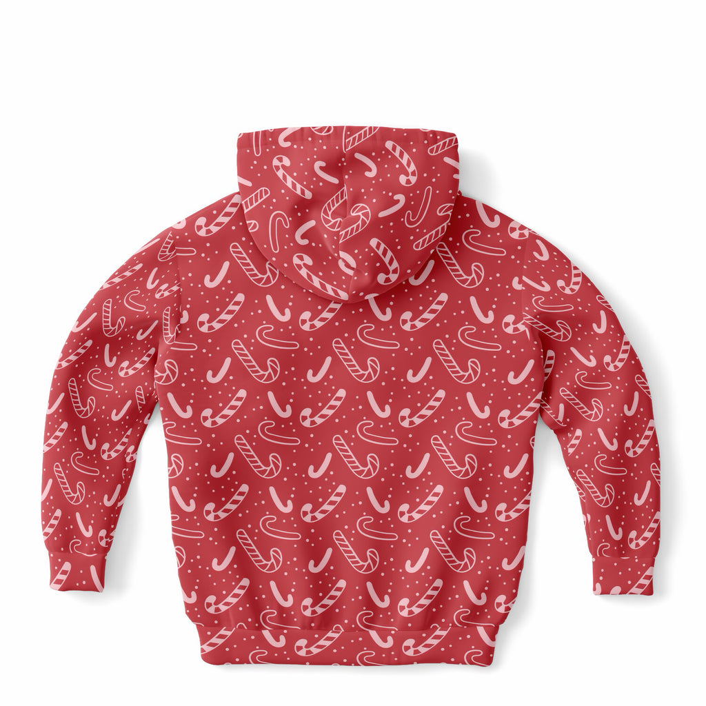 Kids Red Candy Cane Christmas Hoodie – Ultra Comfy & Stretchy, Cozy Fleece or Lightweight Sports Fabric, Double-Layer Hood & Kangaroo Pocket